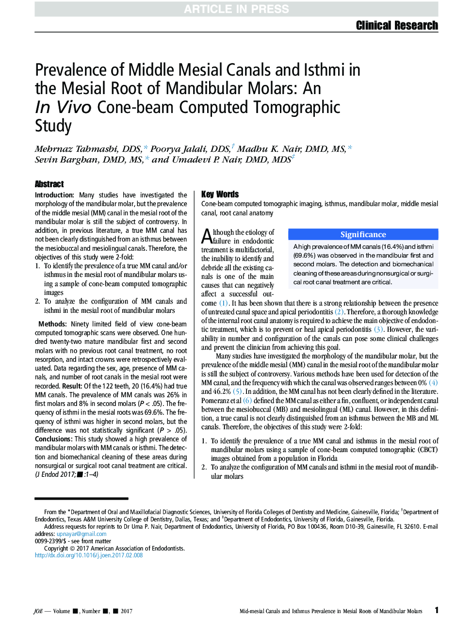 Prevalence of Middle Mesial Canals and Isthmi in the Mesial Root of Mandibular Molars: An InÂ Vivo Cone-beam Computed Tomographic Study
