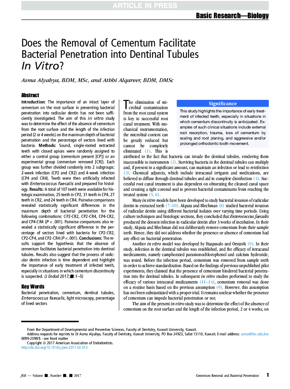Does the Removal of Cementum Facilitate Bacterial Penetration into Dentinal Tubules InÂ Vitro?