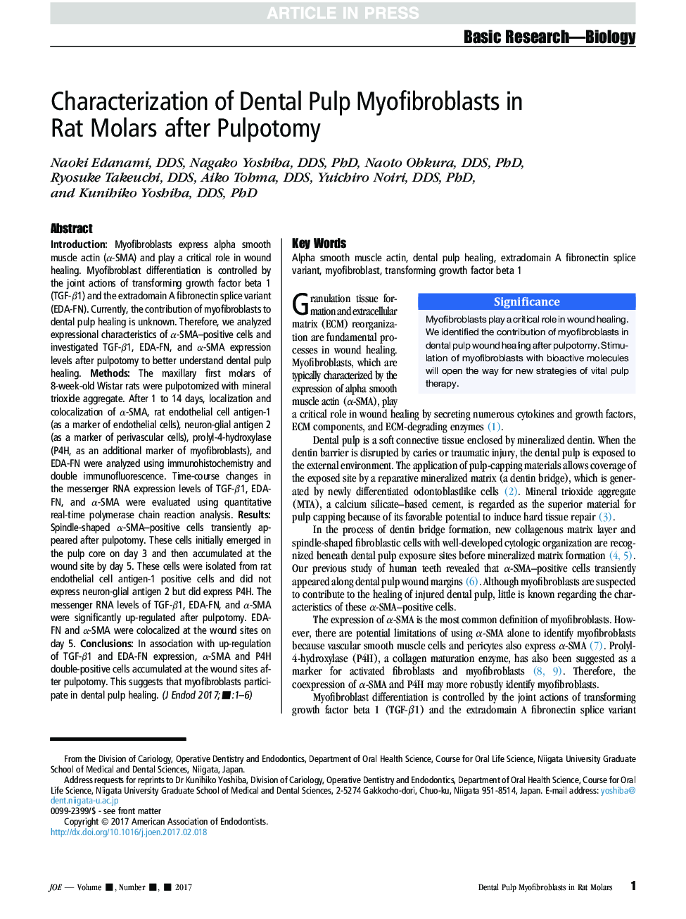 Characterization of Dental Pulp Myofibroblasts in Rat Molars after Pulpotomy