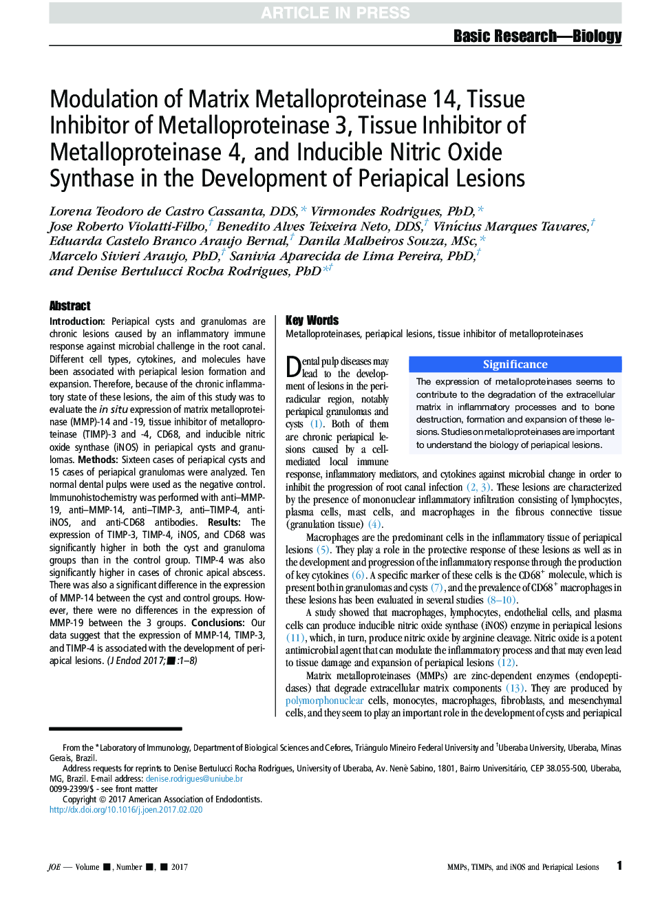 مدولاسیون ماتریکس متالوپروتئیناز 14، بازدارنده بافت متالوپروتئیناز 3، بازدارنده های بافت متالوپروتئیناز 4 و سنتز اکسید نیتریک قابل تشخیص در ایجاد ضایعات پری اپیکال 