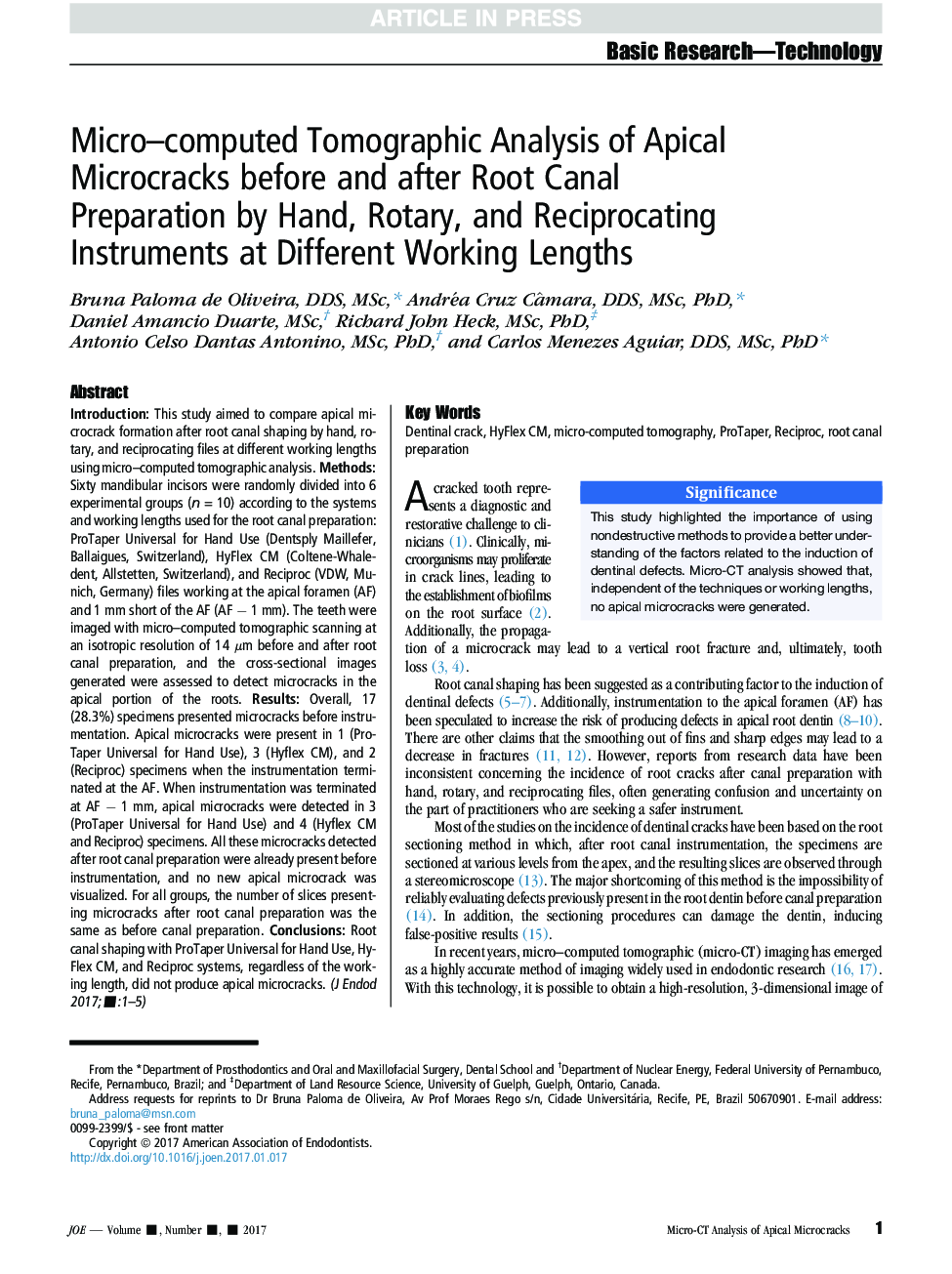 Micro-computed Tomographic Analysis of Apical Microcracks before and after Root Canal Preparation by Hand, Rotary, and Reciprocating Instruments at Different Working Lengths