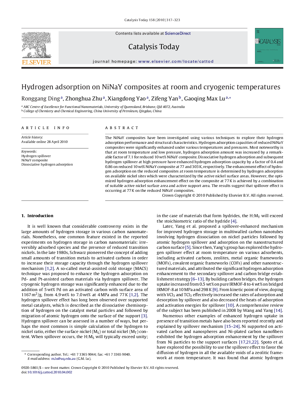 Hydrogen adsorption on NiNaY composites at room and cryogenic temperatures