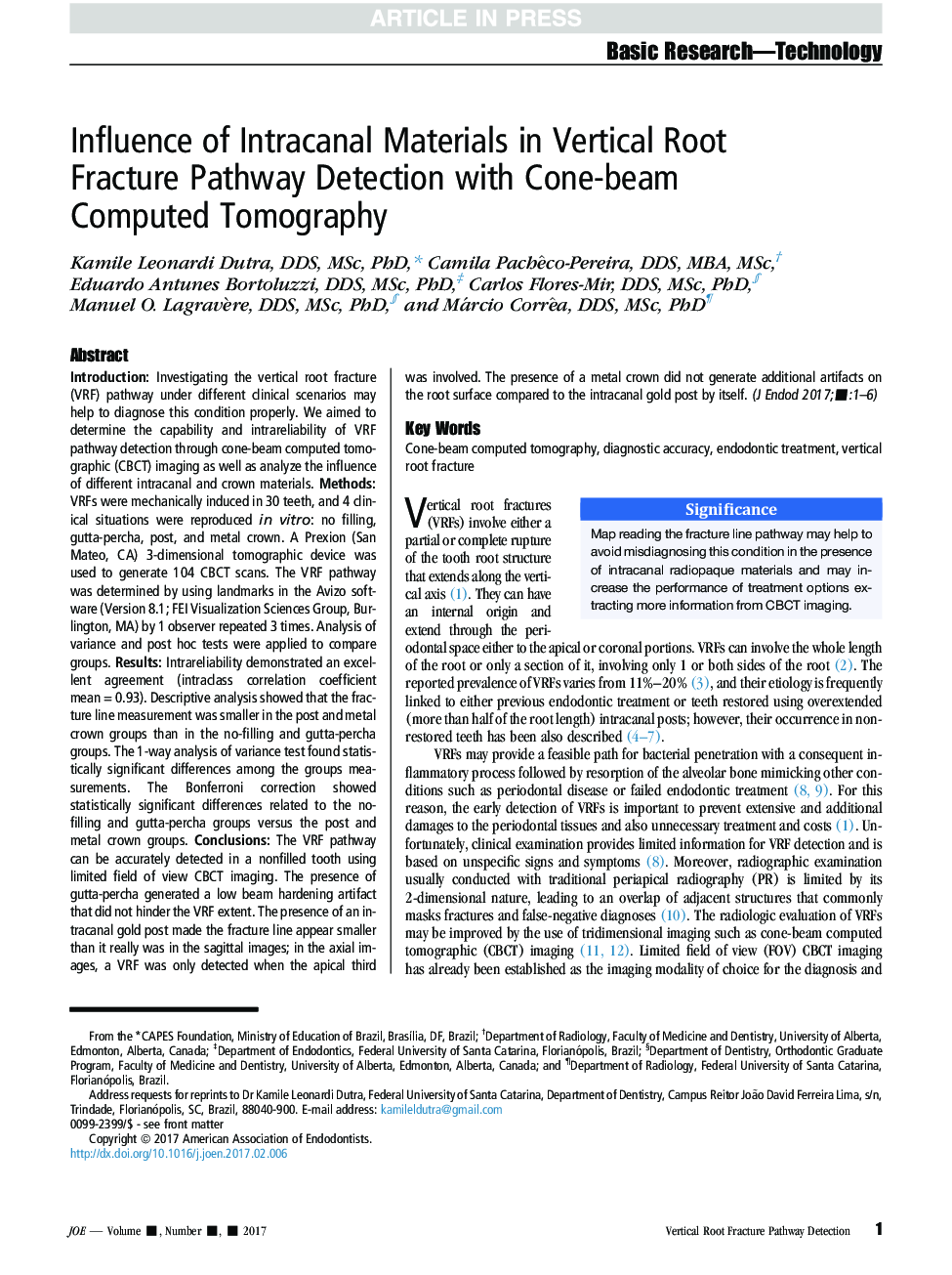 Influence of Intracanal Materials in Vertical Root Fracture Pathway Detection with Cone-beam Computed Tomography