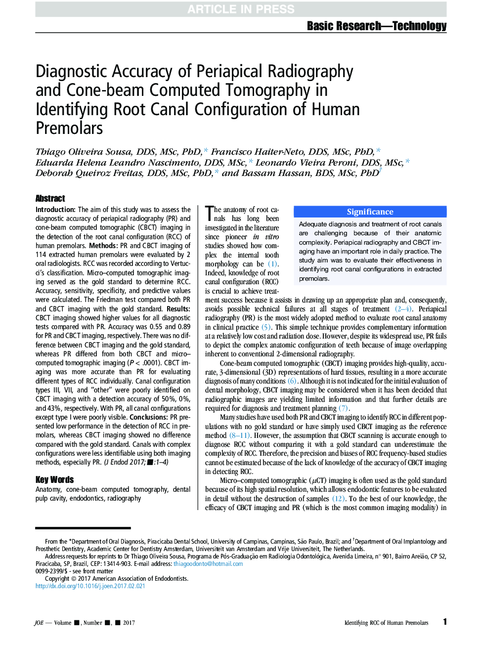دقت تشخیصی رادیوگرافی پری اپیکال و توموگرافی کامپیوتری کانال پرتو در تشخیص کانال ریشه پرمولرهای انسانی 
