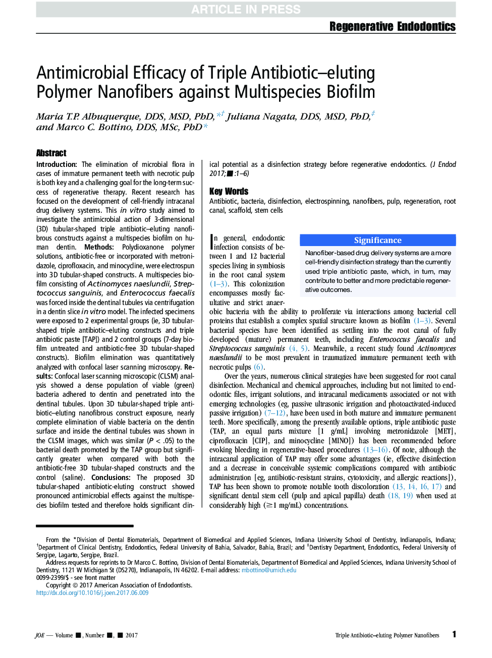 Antimicrobial Efficacy of Triple Antibiotic-eluting Polymer Nanofibers against Multispecies Biofilm