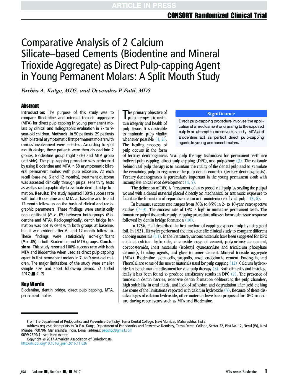 Comparative Analysis of 2 Calcium Silicate-based Cements (Biodentine and Mineral Trioxide Aggregate) as Direct Pulp-capping Agent in Young Permanent Molars: A Split Mouth Study