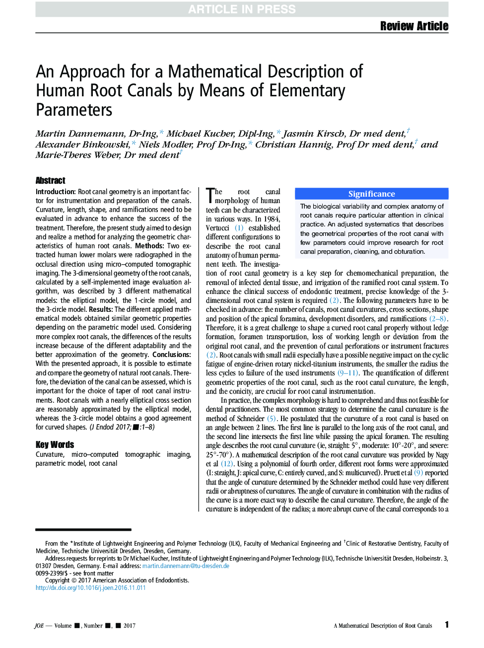 An Approach for a Mathematical Description of Human Root Canals by Means of Elementary Parameters