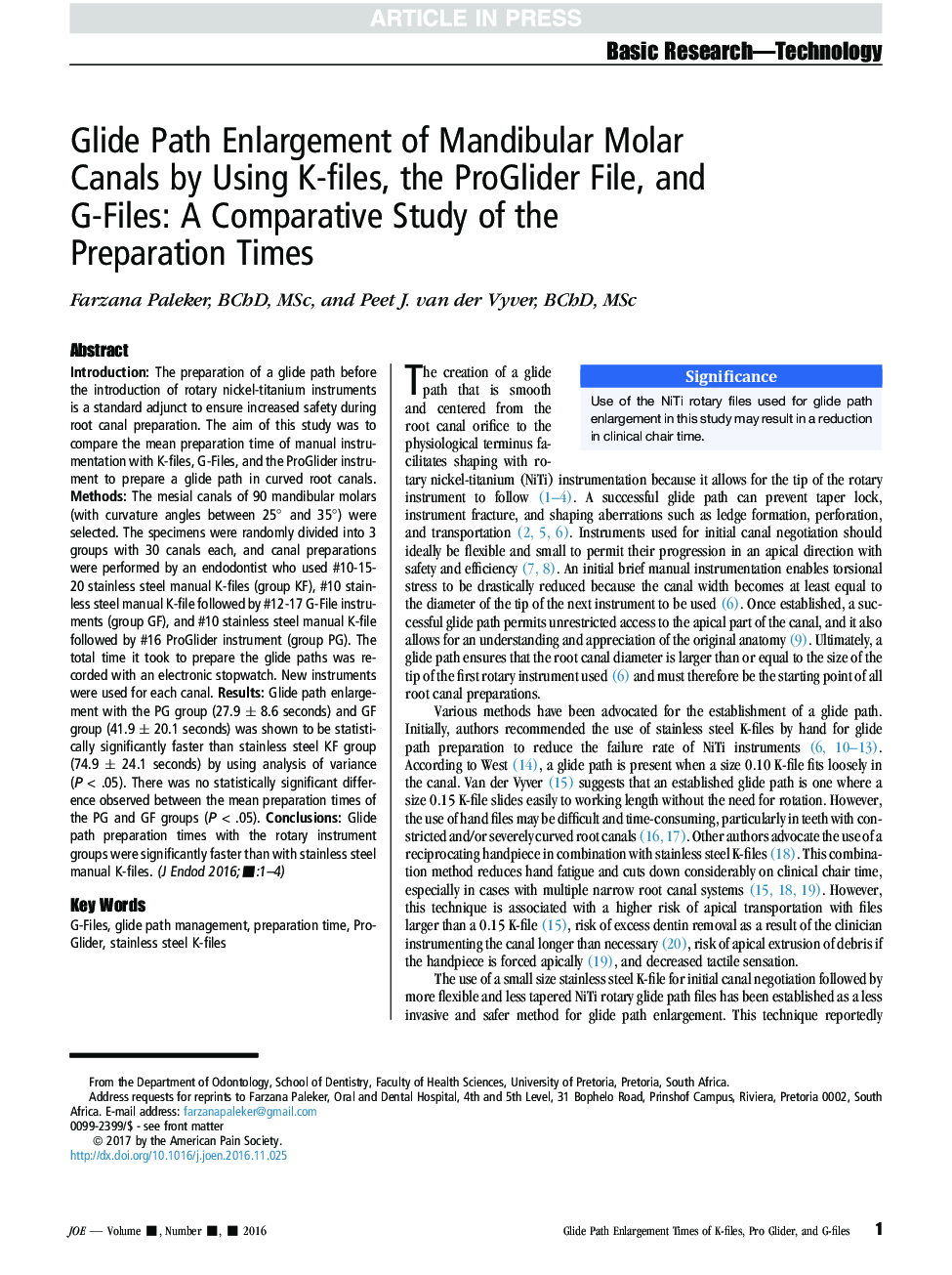Glide Path Enlargement of Mandibular Molar Canals by Using K-files, the ProGlider File, and G-Files: A Comparative Study of the Preparation Times