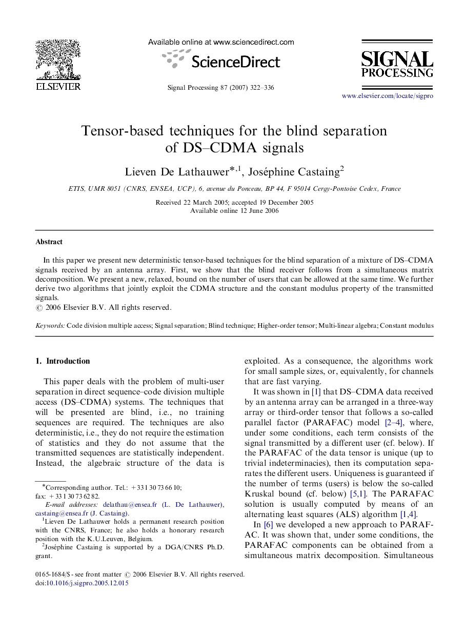 Tensor-based techniques for the blind separation of DS–CDMA signals