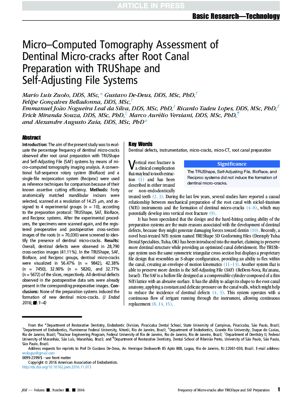 Micro-computed Tomography Assessment of Dentinal Micro-cracks after Root Canal Preparation with TRUShape and Self-adjusting File Systems