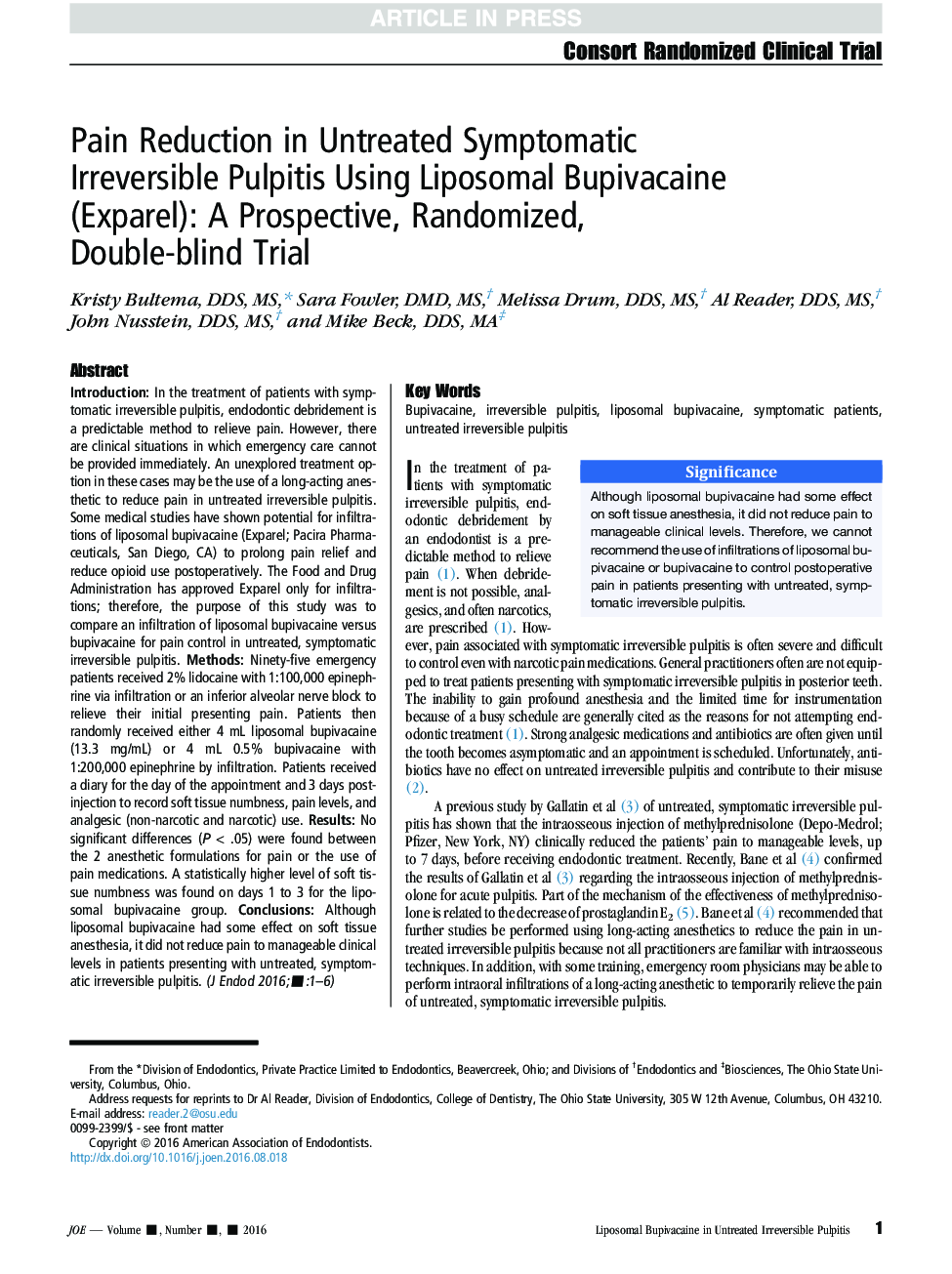 Pain Reduction in Untreated Symptomatic Irreversible Pulpitis Using Liposomal Bupivacaine (Exparel): A Prospective, Randomized, Double-blind Trial