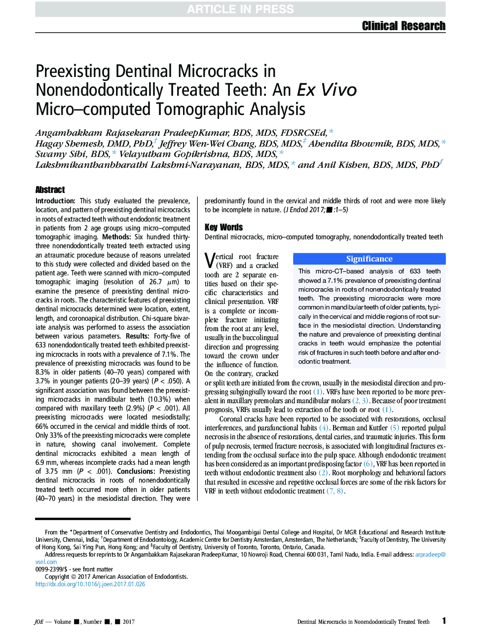 Preexisting Dentinal Microcracks in Nonendodontically Treated Teeth: An ExÂ Vivo Micro-computed Tomographic Analysis