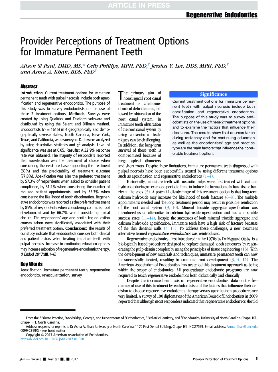 Provider Perceptions of Treatment Options forÂ Immature Permanent Teeth