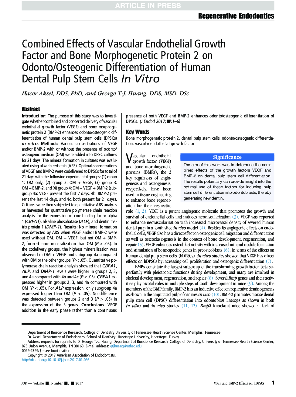 Combined Effects of Vascular Endothelial Growth Factor and Bone Morphogenetic Protein 2 on Odonto/Osteogenic Differentiation of Human Dental Pulp Stem Cells InÂ Vitro