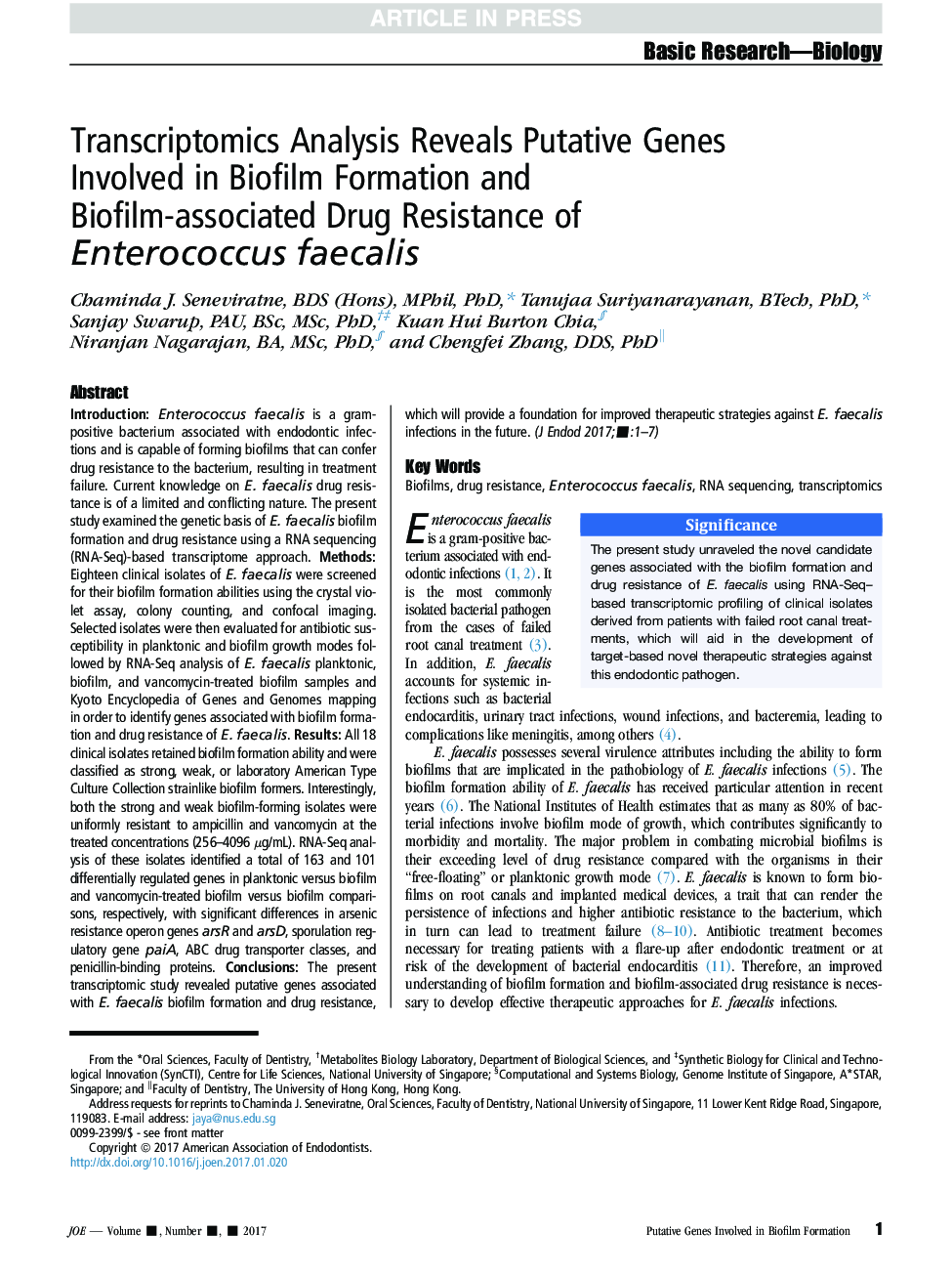 Transcriptomics Analysis Reveals Putative Genes Involved in Biofilm Formation and Biofilm-associated Drug Resistance of Enterococcus faecalis