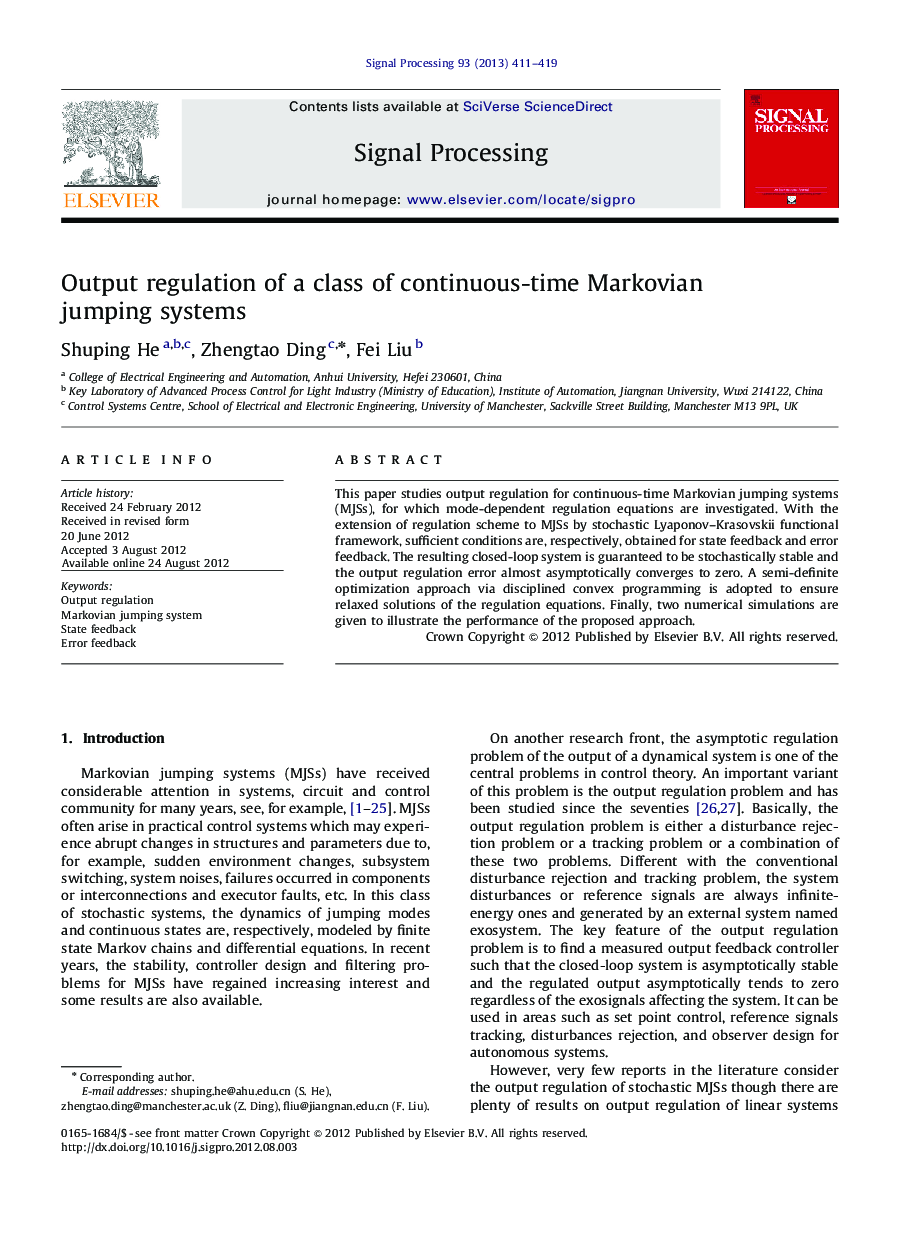 Output regulation of a class of continuous-time Markovian jumping systems