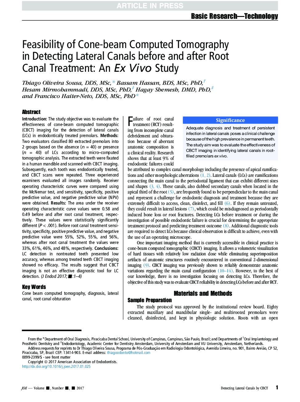 Feasibility of Cone-beam Computed Tomography in Detecting Lateral Canals before and after Root Canal Treatment: An ExÂ Vivo Study