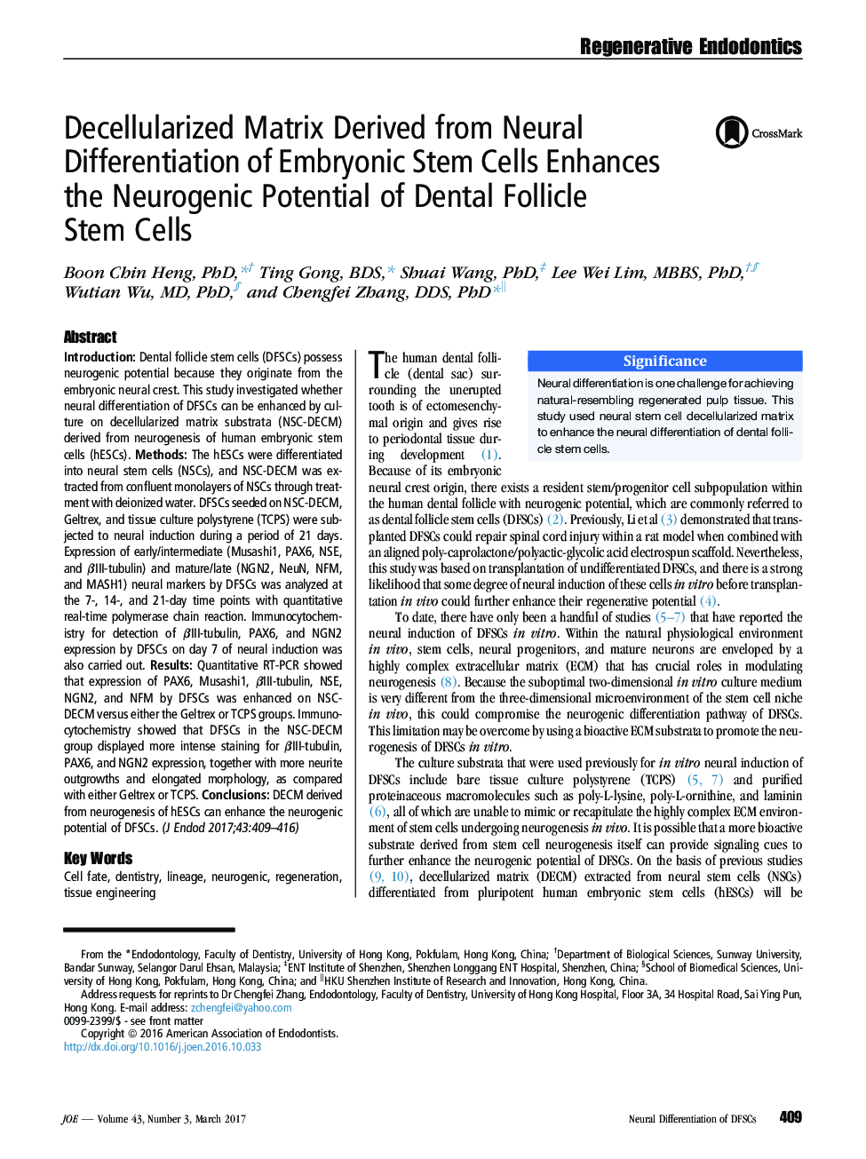 Decellularized Matrix Derived from Neural Differentiation of Embryonic Stem Cells Enhances the Neurogenic Potential of Dental Follicle Stem Cells