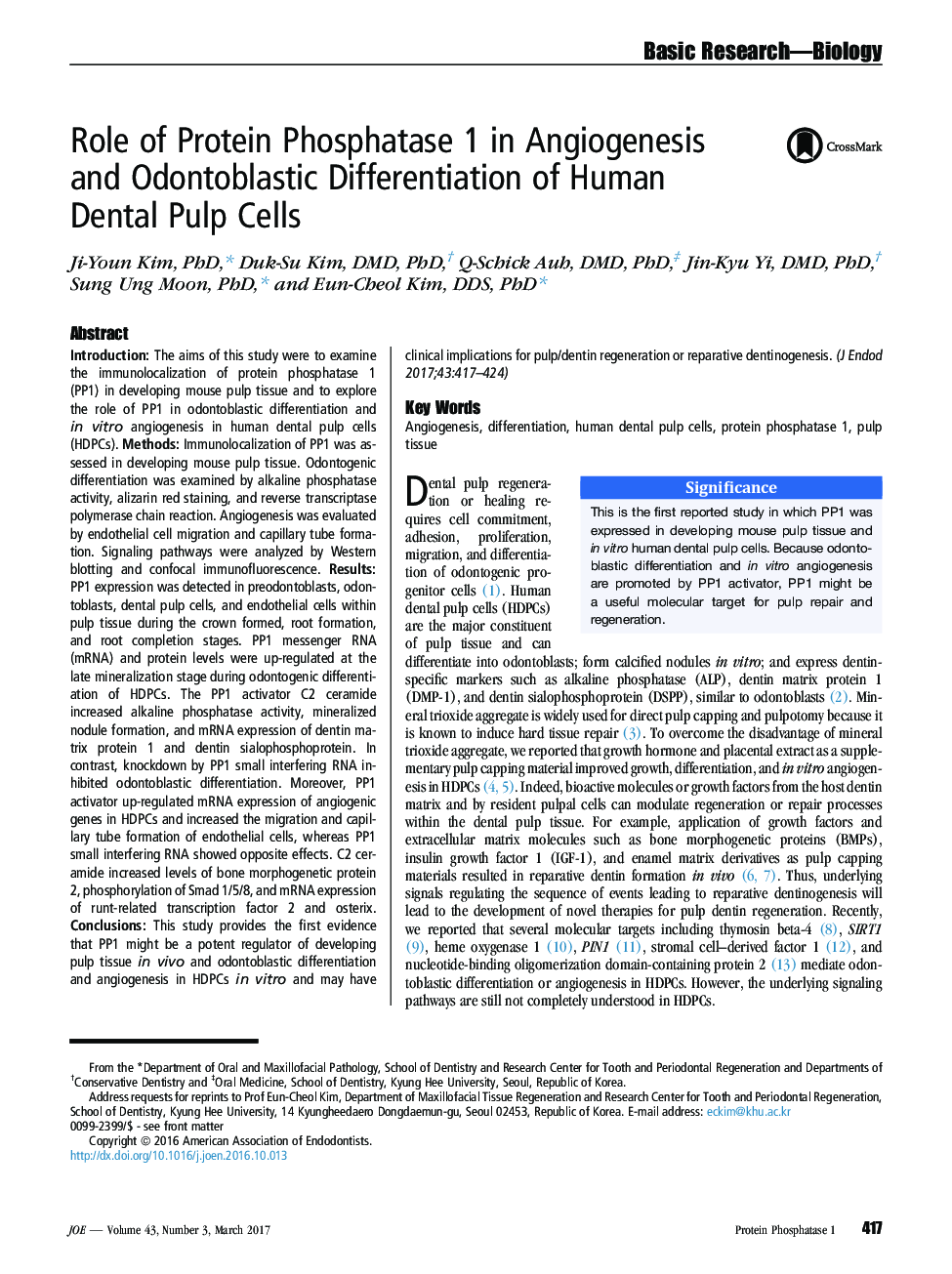 Role of Protein Phosphatase 1 in Angiogenesis and Odontoblastic Differentiation of Human Dental Pulp Cells