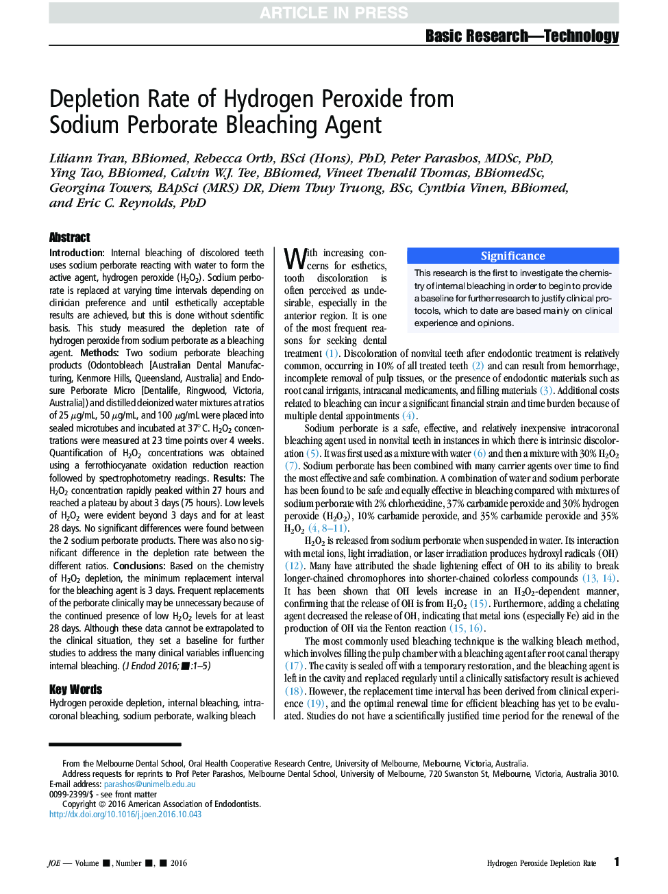 Depletion Rate of Hydrogen Peroxide from Sodium Perborate Bleaching Agent