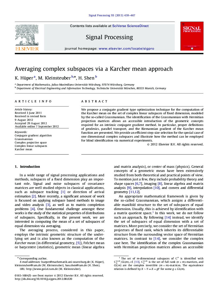 Averaging complex subspaces via a Karcher mean approach