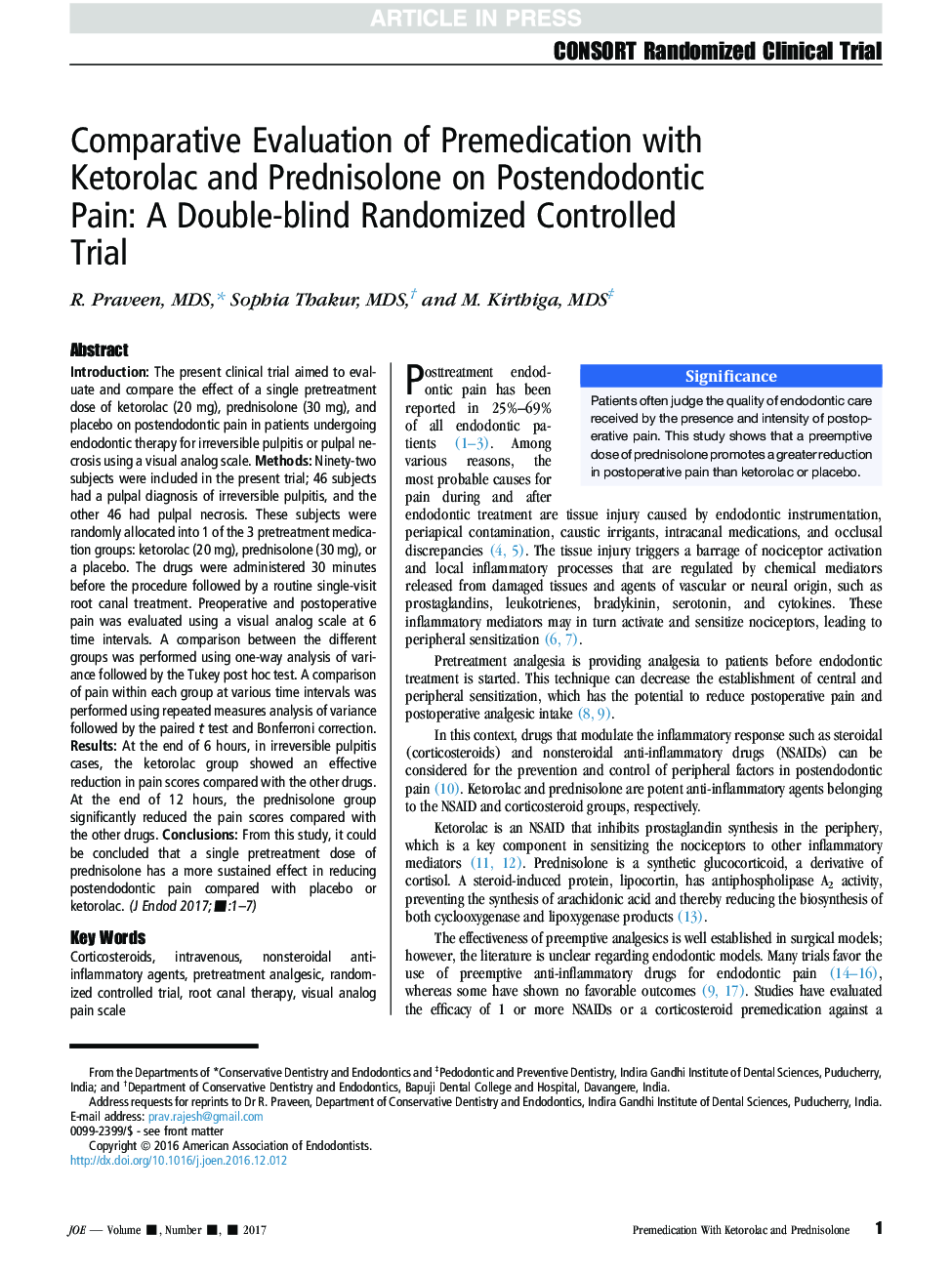 Comparative Evaluation of Premedication with Ketorolac and Prednisolone on Postendodontic Pain: A Double-blind Randomized Controlled Trial