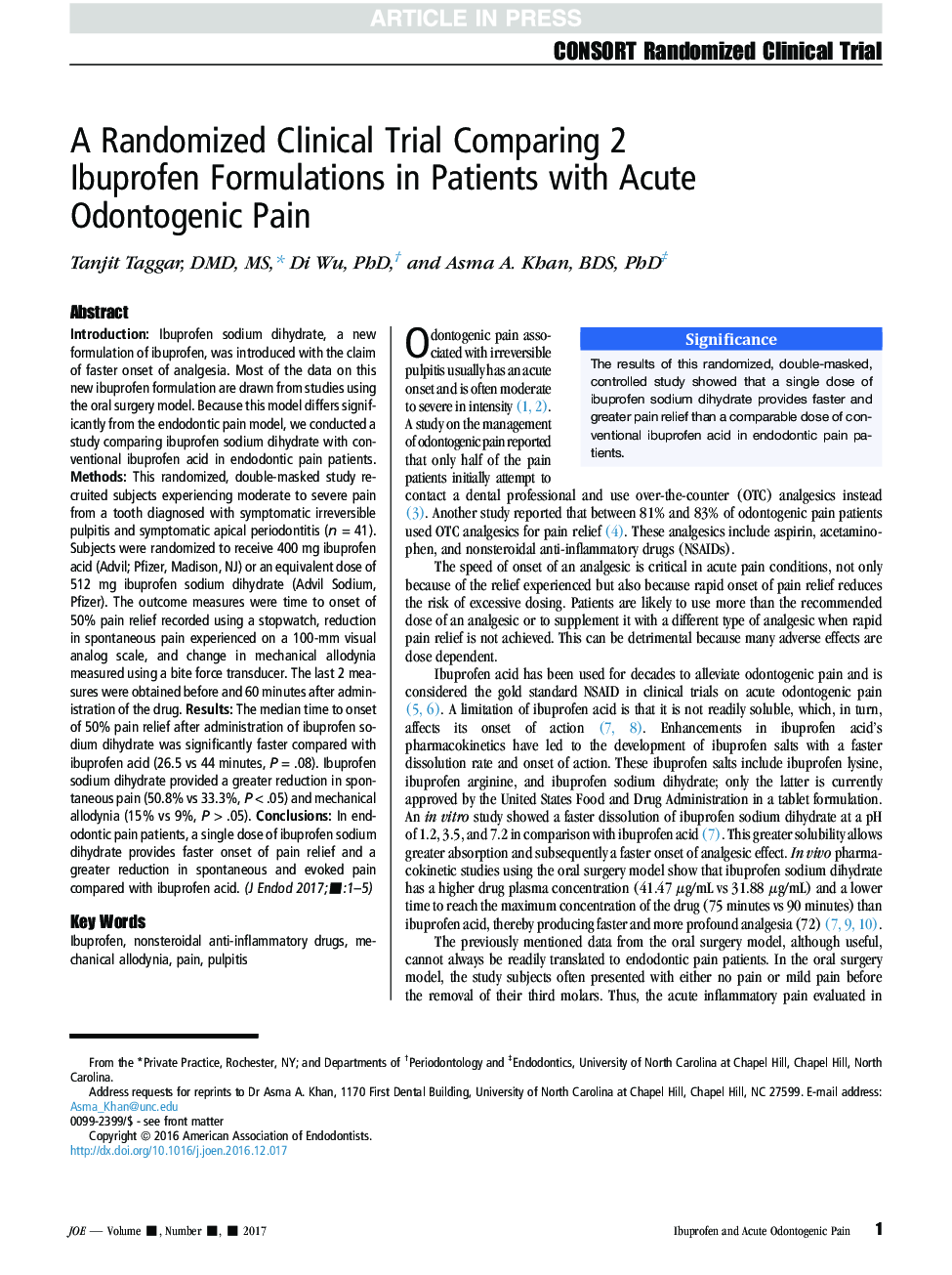 A Randomized Clinical Trial Comparing 2 Ibuprofen Formulations in Patients with Acute Odontogenic Pain