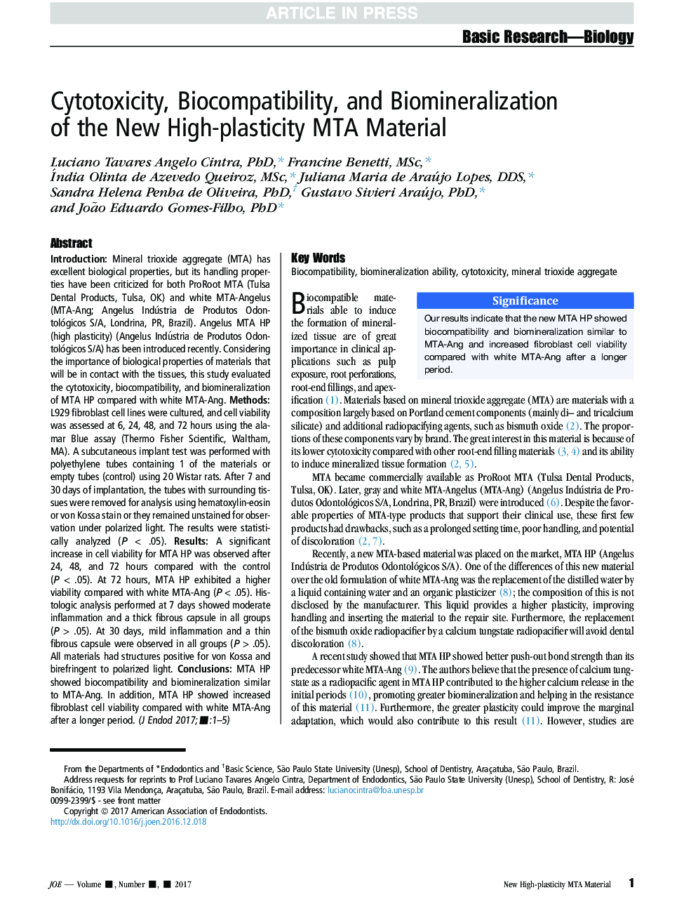 Cytotoxicity, Biocompatibility, and Biomineralization of the New High-plasticity MTA Material