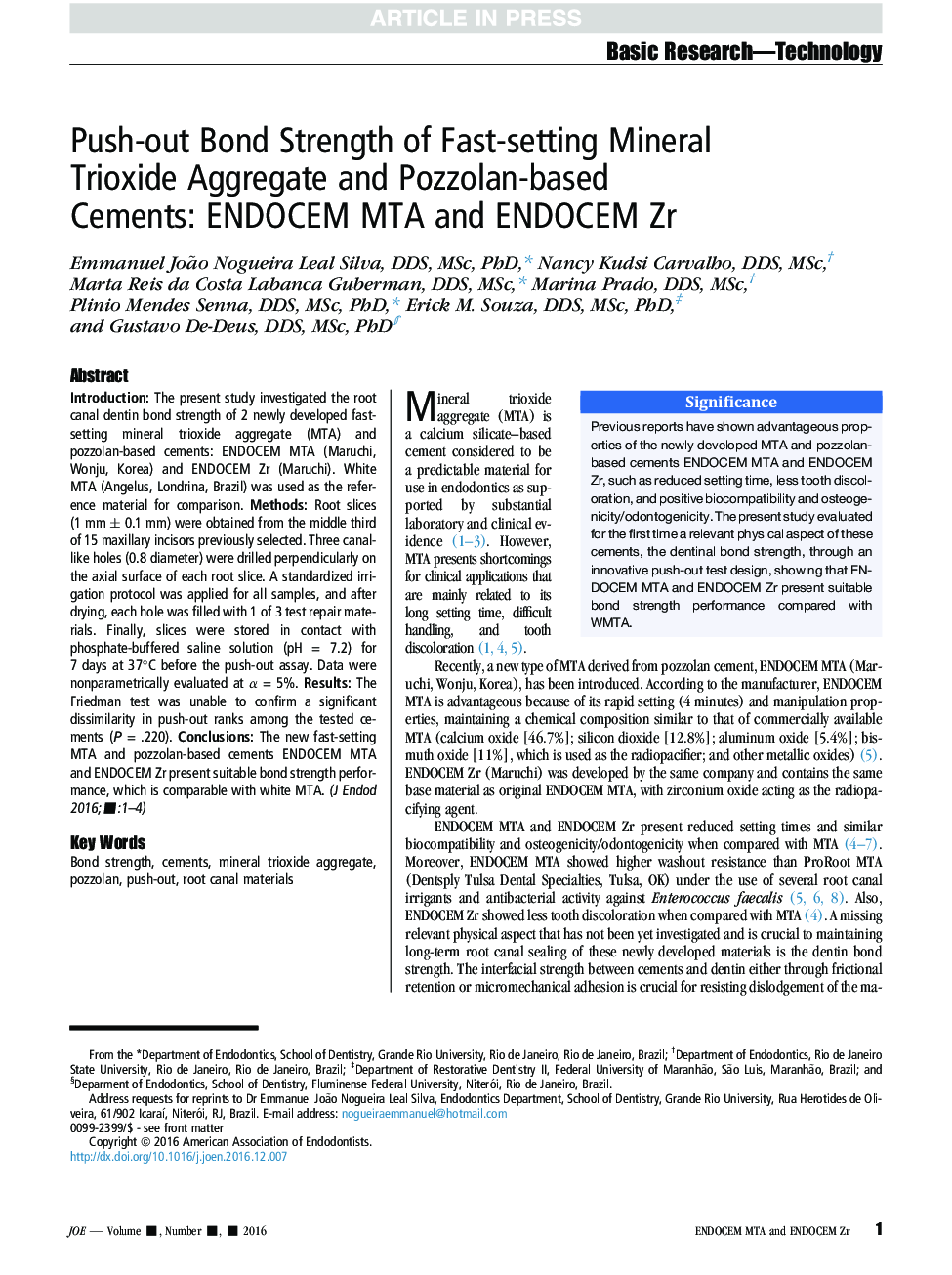 Push-out Bond Strength of Fast-setting Mineral Trioxide Aggregate and Pozzolan-based Cements: ENDOCEM MTA and ENDOCEM Zr