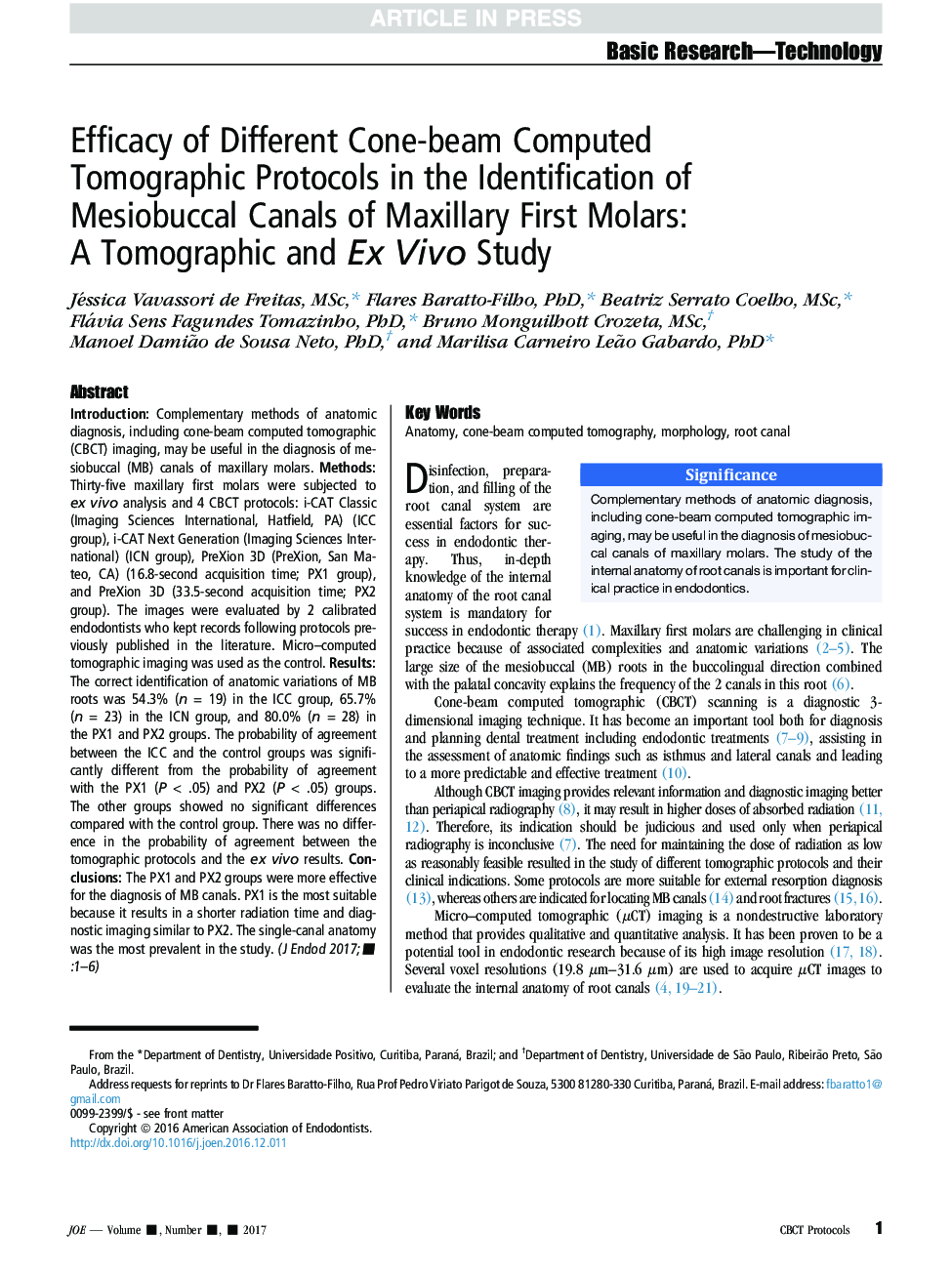 Efficacy of Different Cone-beam Computed Tomographic Protocols in the Identification of Mesiobuccal Canals of Maxillary First Molars: A Tomographic and ExÂ Vivo Study