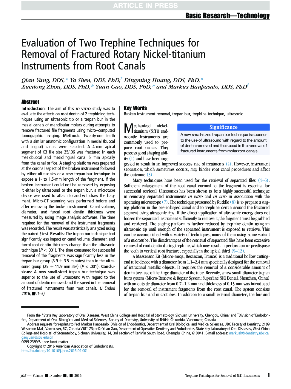 Evaluation of Two Trephine Techniques for Removal of Fractured Rotary Nickel-titanium Instruments from Root Canals