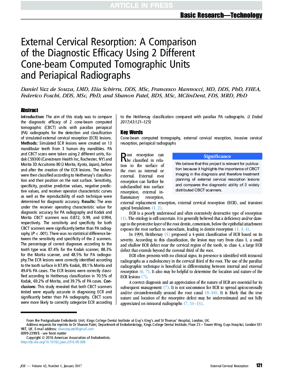 External Cervical Resorption: A Comparison of the Diagnostic Efficacy Using 2 Different Cone-beam Computed Tomographic Units and Periapical Radiographs