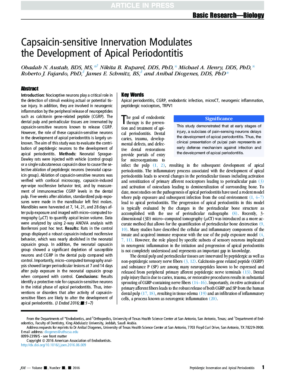 Capsaicin-sensitive Innervation Modulates the Development of Apical Periodontitis