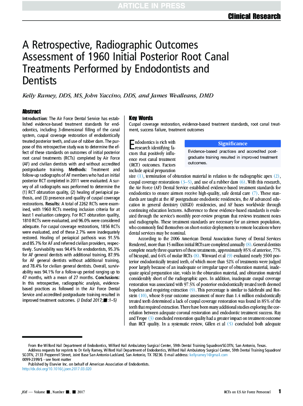 A Retrospective, Radiographic Outcomes Assessment of 1960 Initial Posterior Root Canal Treatments Performed by Endodontists and Dentists