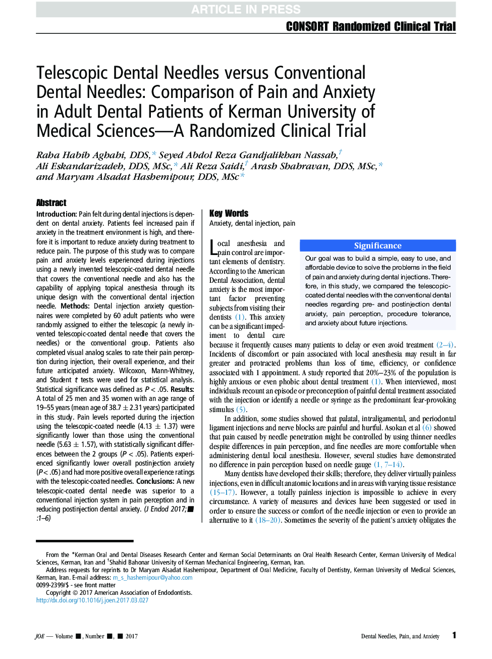 سوزن های دندان های تلسکوپی و سوزن های معمولی: مقایسه درد و اضطراب در بیماران دندان پزشکی دانشگاه علوم پزشکی کرمان - یک آزمایش بالینی تصادفی 