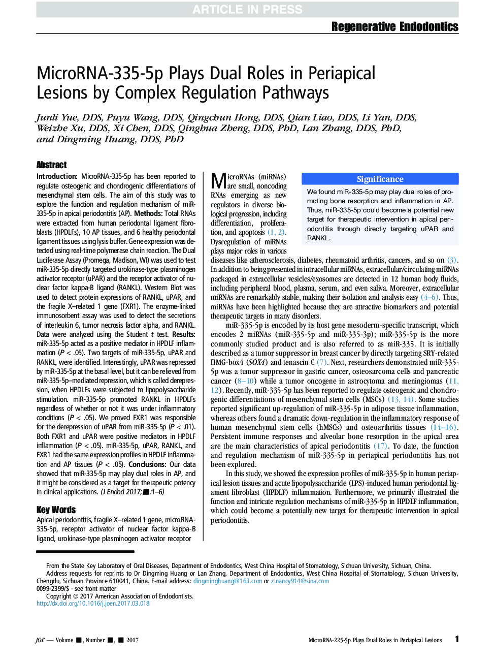 MicroRNA-335-5p Plays Dual Roles in Periapical Lesions by Complex Regulation Pathways