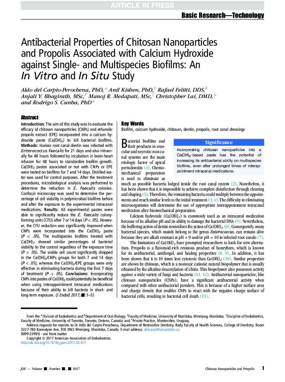 Antibacterial Properties of Chitosan Nanoparticles and Propolis Associated with Calcium Hydroxide against Single- and Multispecies Biofilms: An InÂ Vitro and In Situ Study