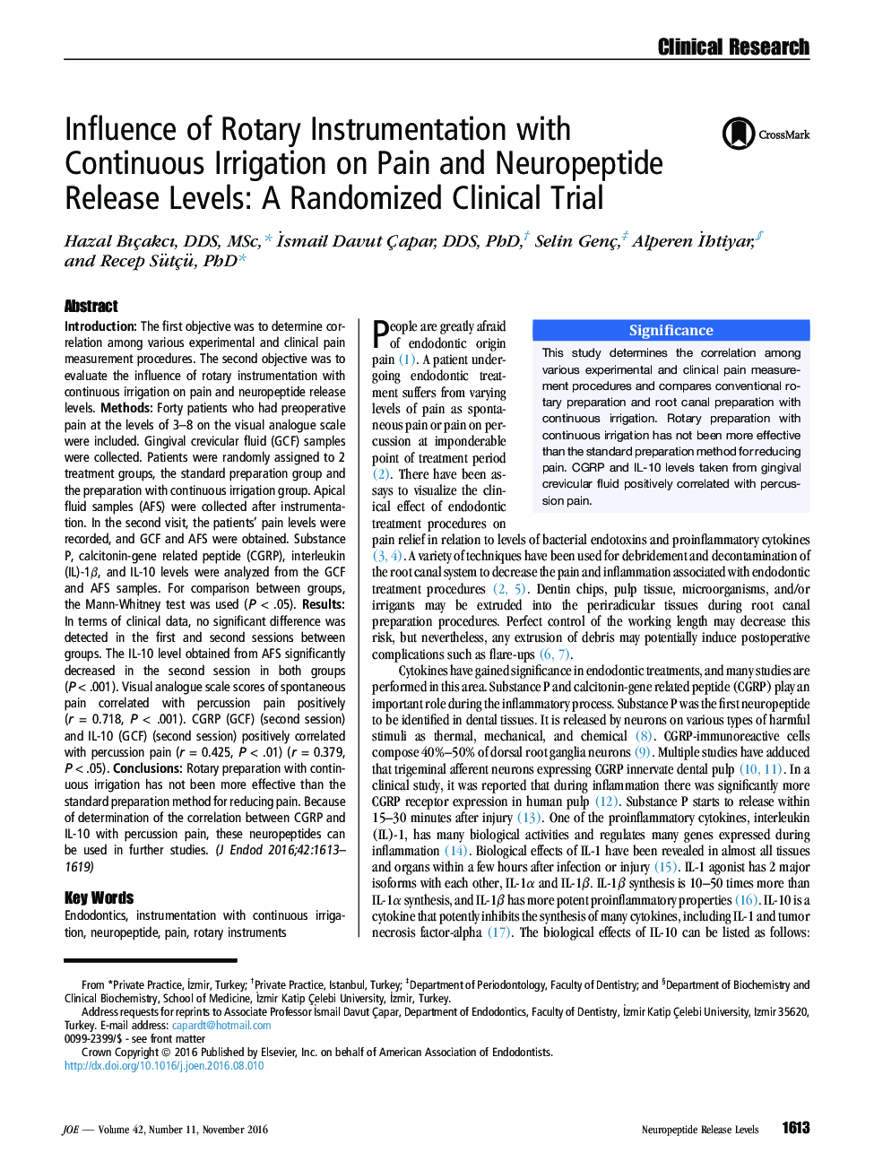 تأثیر ابزارهای روتاری با آبیاری مداوم بر روی سطوح آزاد سازی درد و نوروپپتید: یک آزمایش بالینی تصادفی 