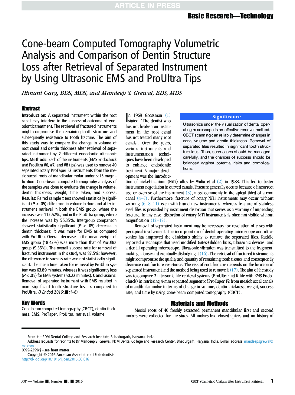 Cone-beam Computed Tomography Volumetric Analysis and Comparison of Dentin Structure Loss after Retrieval of Separated Instrument by Using Ultrasonic EMS and ProUltra Tips