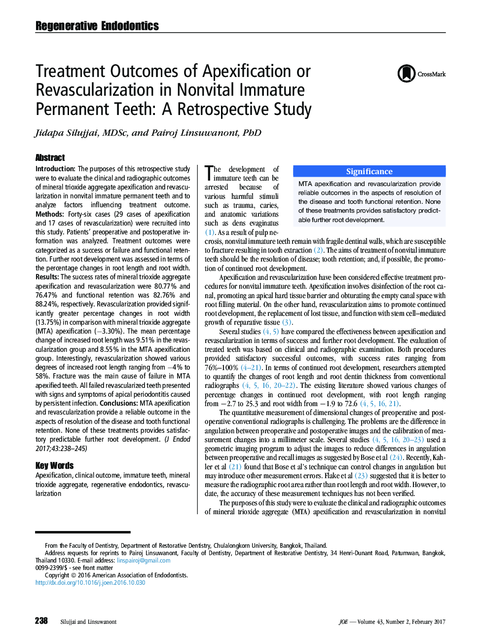 Treatment Outcomes of Apexification or Revascularization in Nonvital Immature Permanent Teeth: A Retrospective Study