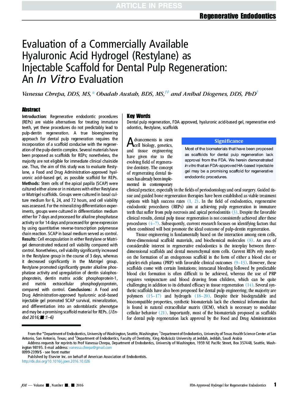 Evaluation of a Commercially Available Hyaluronic Acid Hydrogel (Restylane) as Injectable Scaffold for Dental Pulp Regeneration: An InÂ Vitro Evaluation