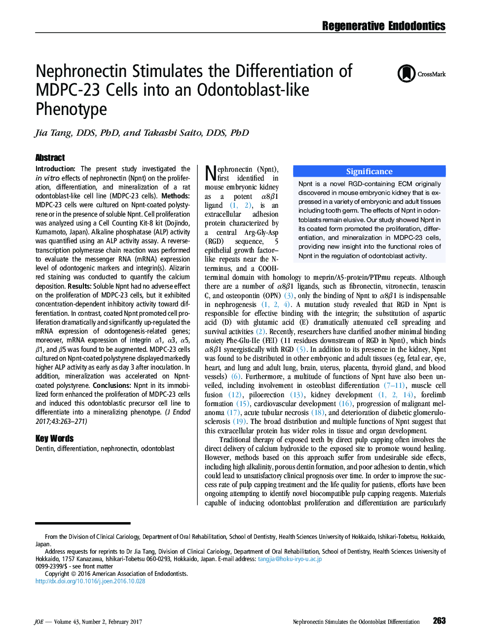 Nephronectin Stimulates the Differentiation of MDPC-23Â Cells into an Odontoblast-like Phenotype