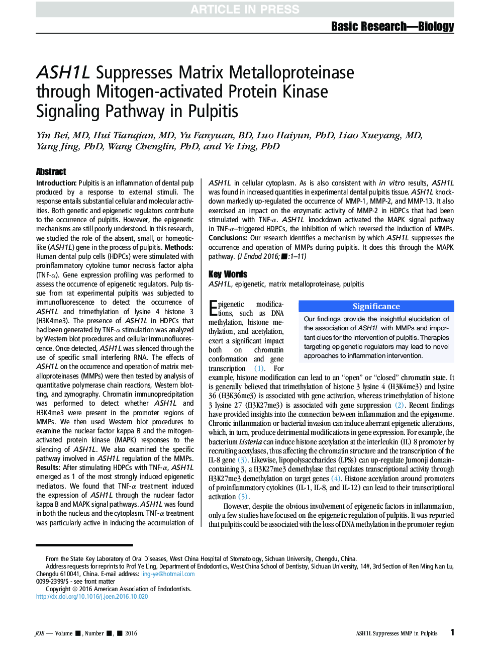 ASH1L Suppresses Matrix Metalloproteinase through Mitogen-activated Protein Kinase Signaling Pathway in Pulpitis