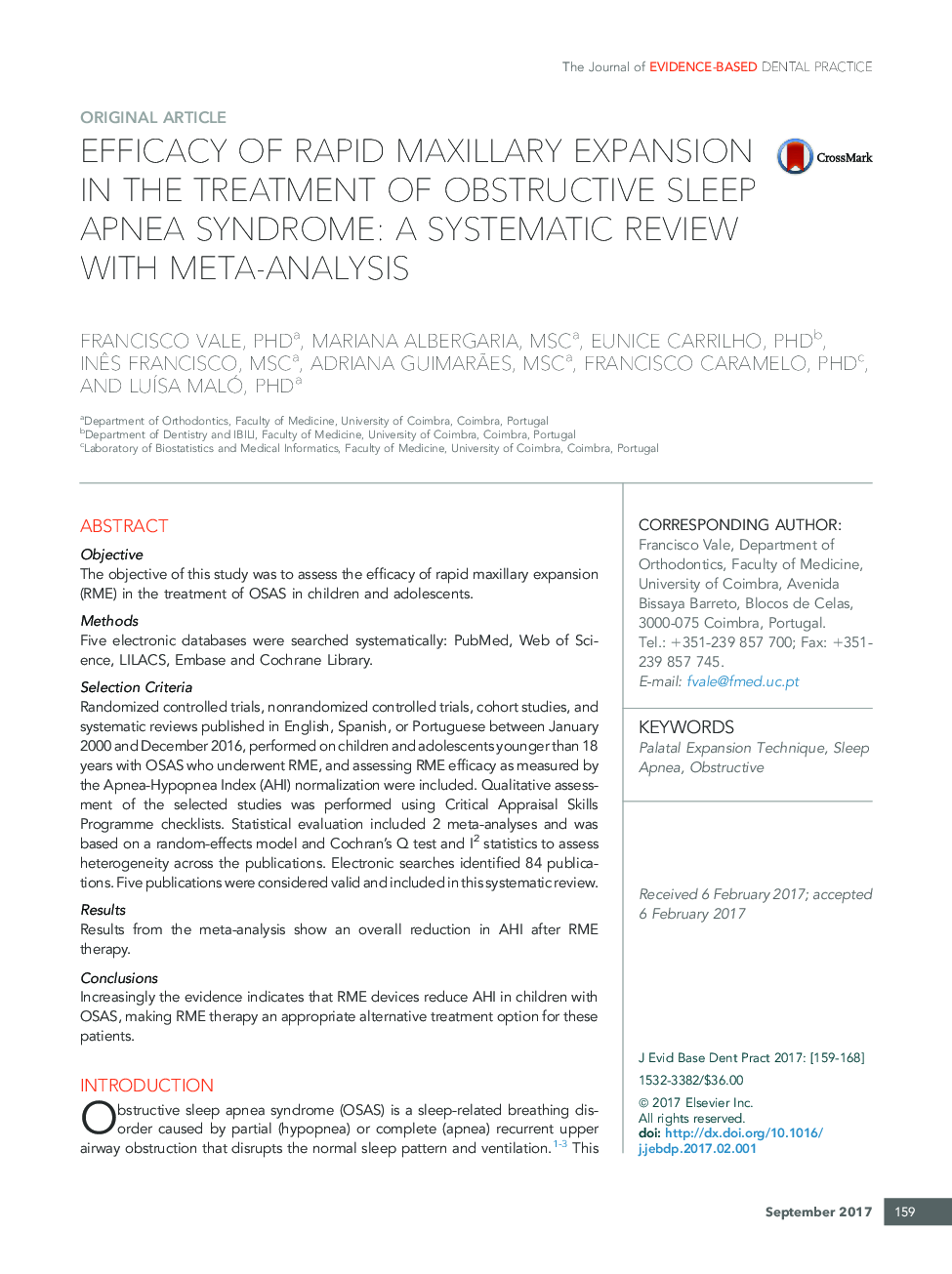 Efficacy of Rapid Maxillary Expansion in the Treatment of Obstructive Sleep Apnea Syndrome: A Systematic Review With Meta-analysis