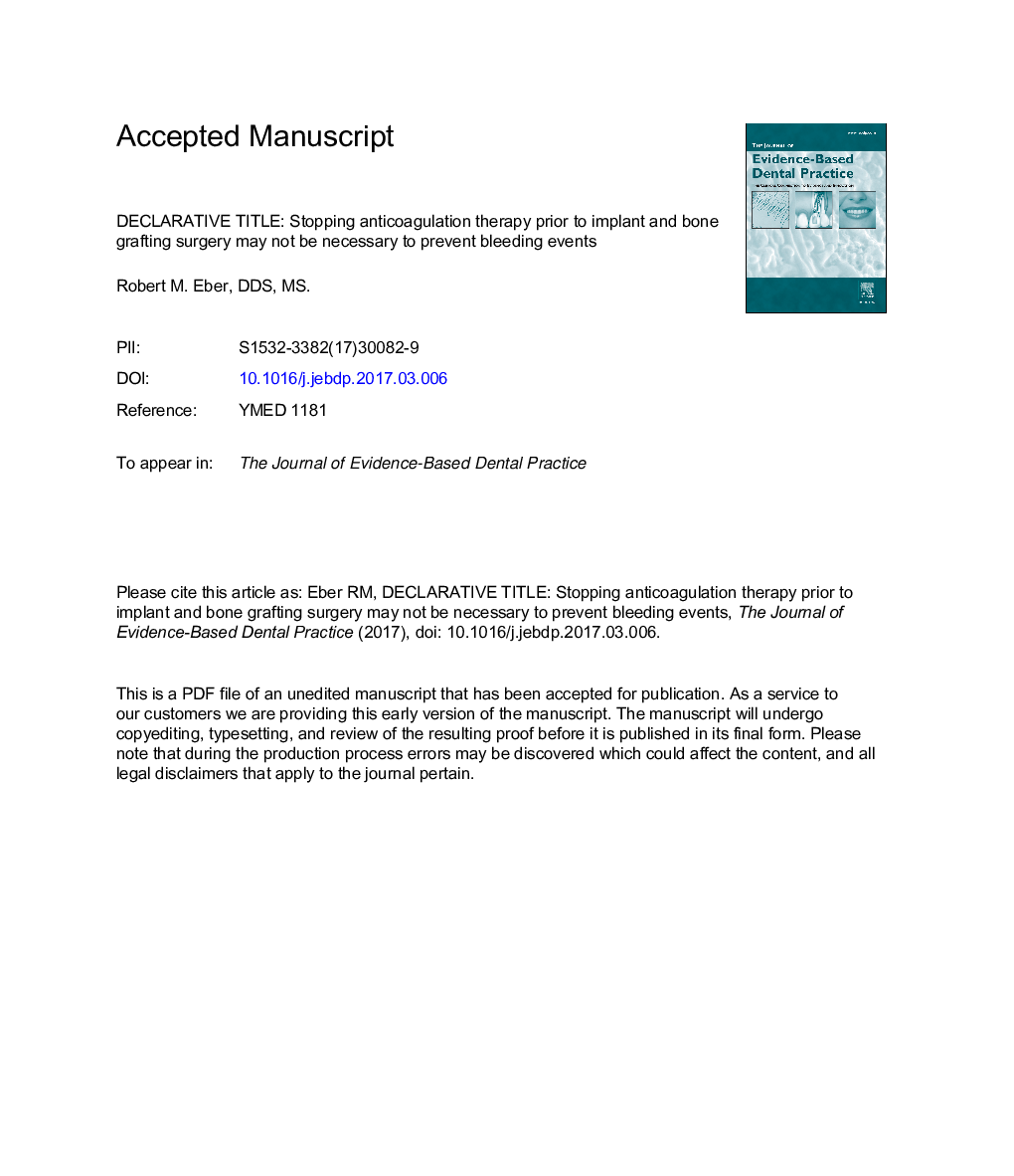 Stopping Anticoagulation Therapy Before Implant and Bone Grafting Surgery May Not Be Necessary to Prevent Bleeding Events