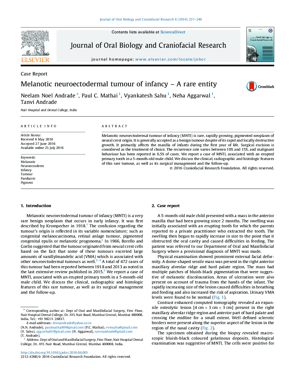 Melanotic neuroectodermal tumour of infancy - A rare entity