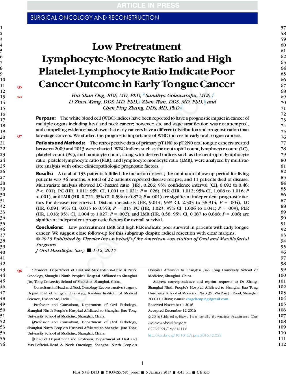Low Pretreatment Lymphocyte-Monocyte Ratio and High Platelet-Lymphocyte Ratio Indicate Poor Cancer Outcome in Early Tongue Cancer