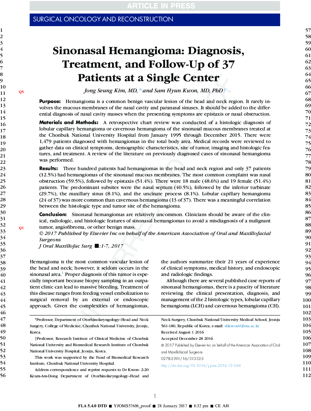 Sinonasal Hemangioma: Diagnosis, Treatment, and Follow-Up of 37 Patients at a Single Center