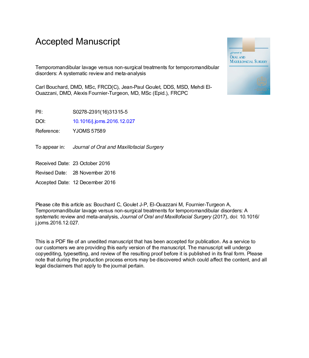 Temporomandibular Lavage Versus Nonsurgical Treatments for Temporomandibular Disorders: A Systematic Review and Meta-Analysis