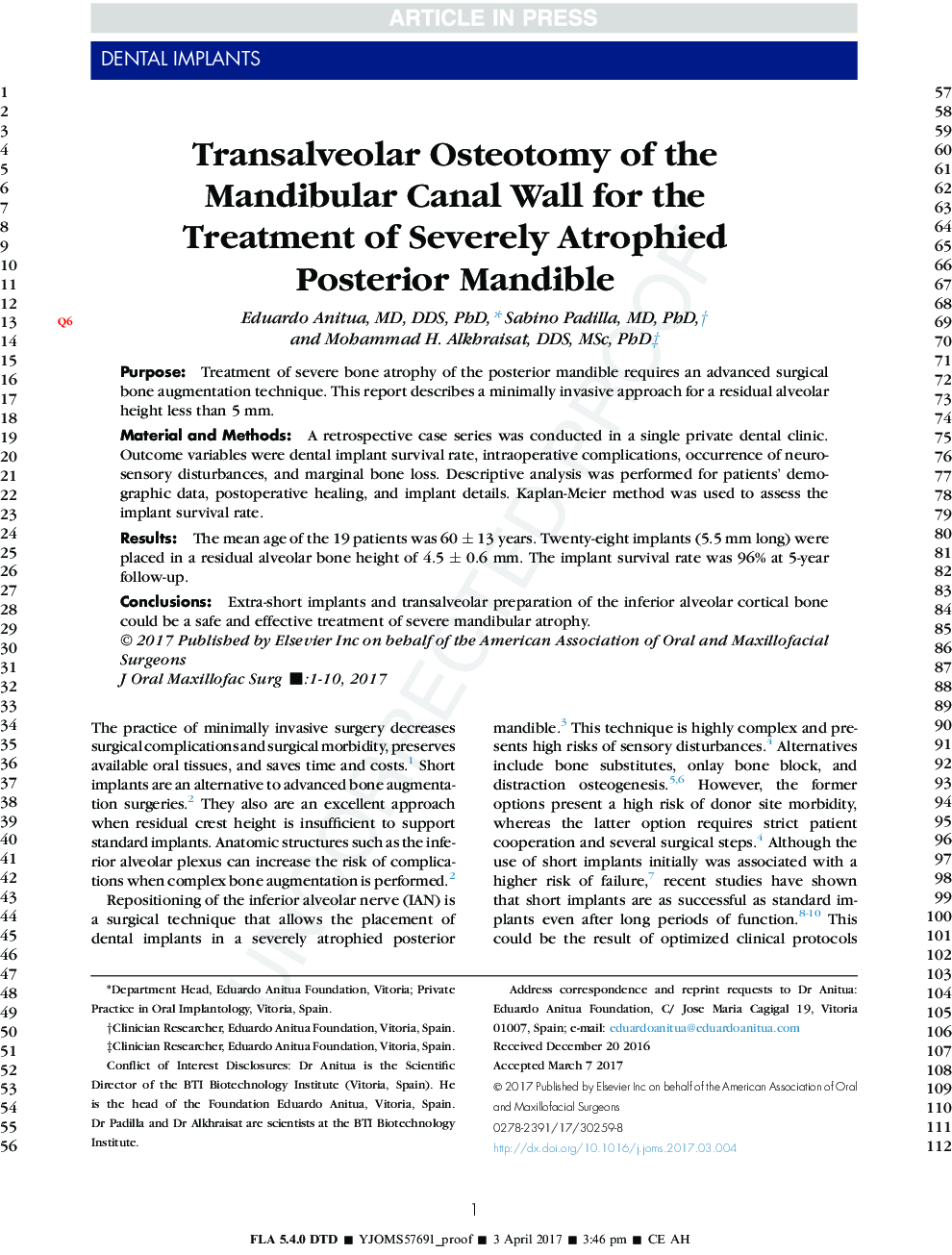 Transalveolar Osteotomy of the Mandibular Canal Wall for the Treatment of Severely Atrophied Posterior Mandible